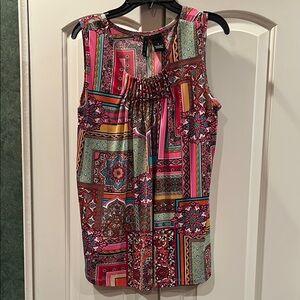 New Directions Pink and Black Graphic Ruched Tank Top